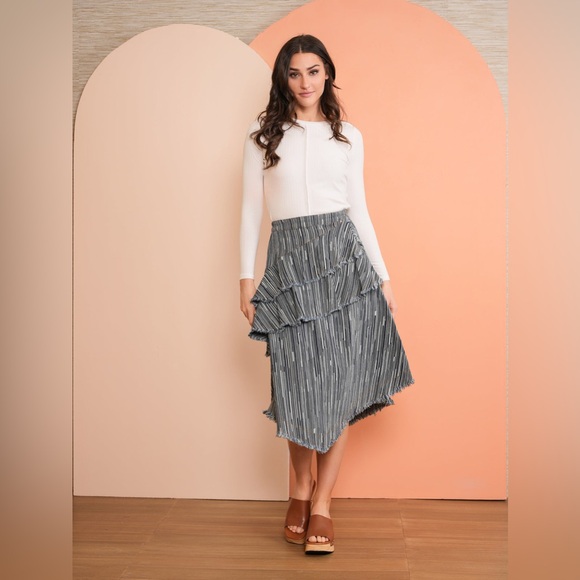 UDEL 70% Cotton Asymmetrical Ruffle A-Line Midi Knee-Length Denim Modest Skir XL - Picture 5 of 16